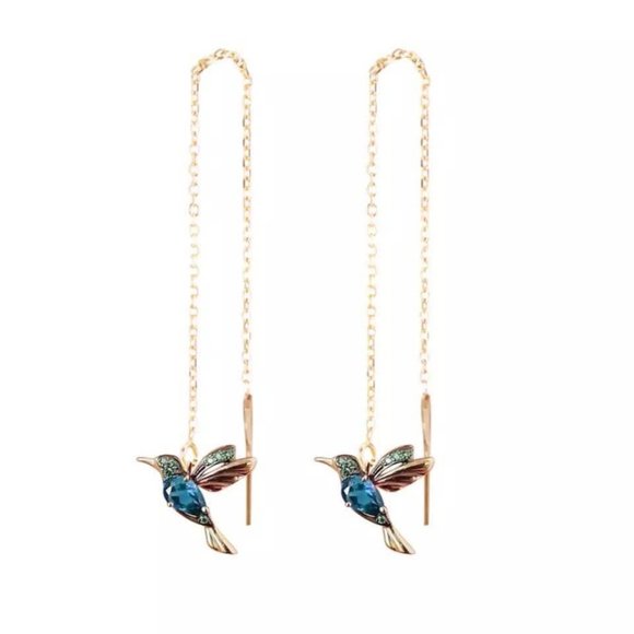 New Antique-Gold-Tone and Blue Crystal Hummingbird Threader Earrings - Picture 1 of 3